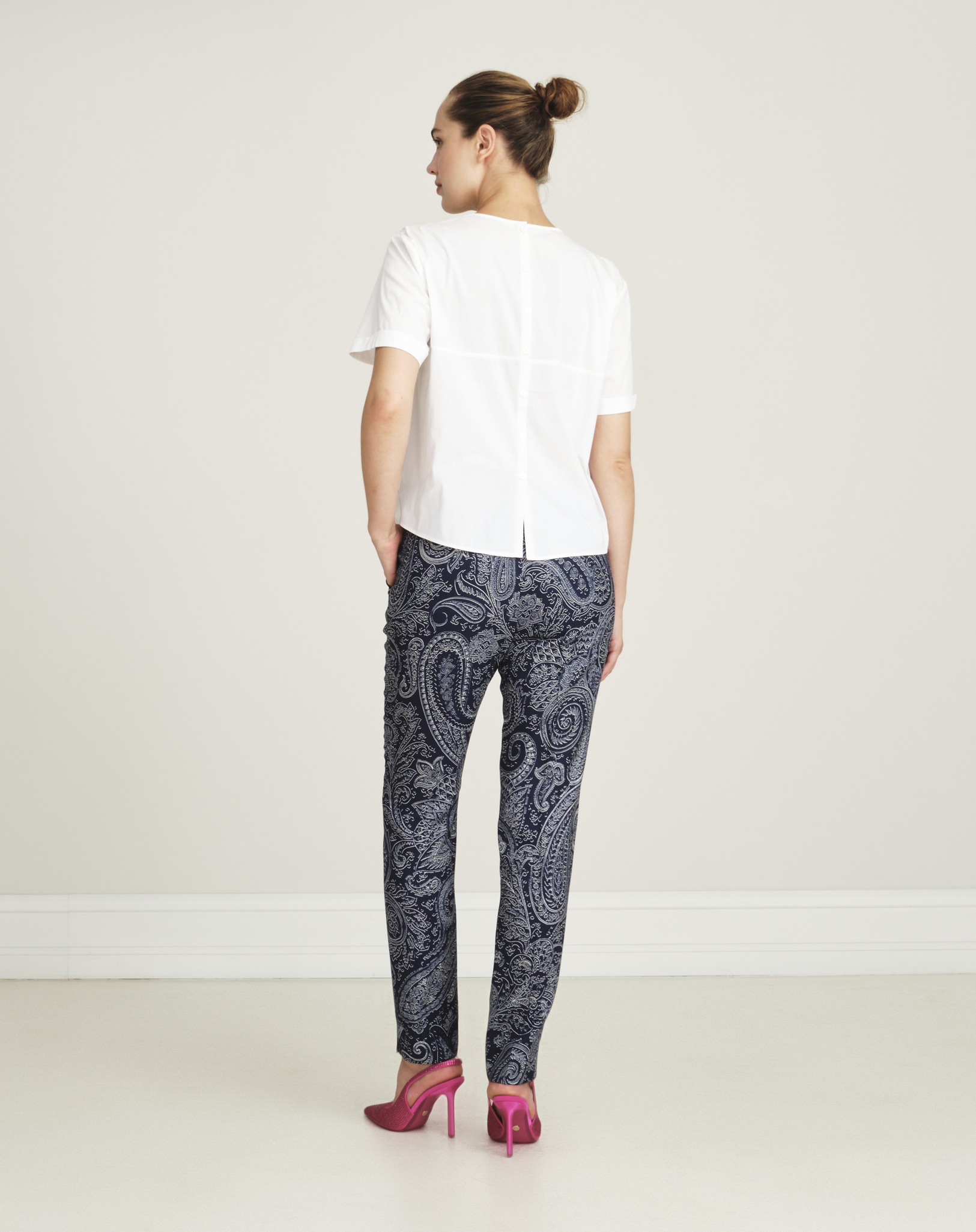 Etro- Navy Paisley Print High Rise Slim Pants  IT42